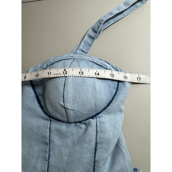 BOG Collective Maxi Dress Floral Corset Denim Blue Cottagecore Band Gypsies L - Picture 13 of 15